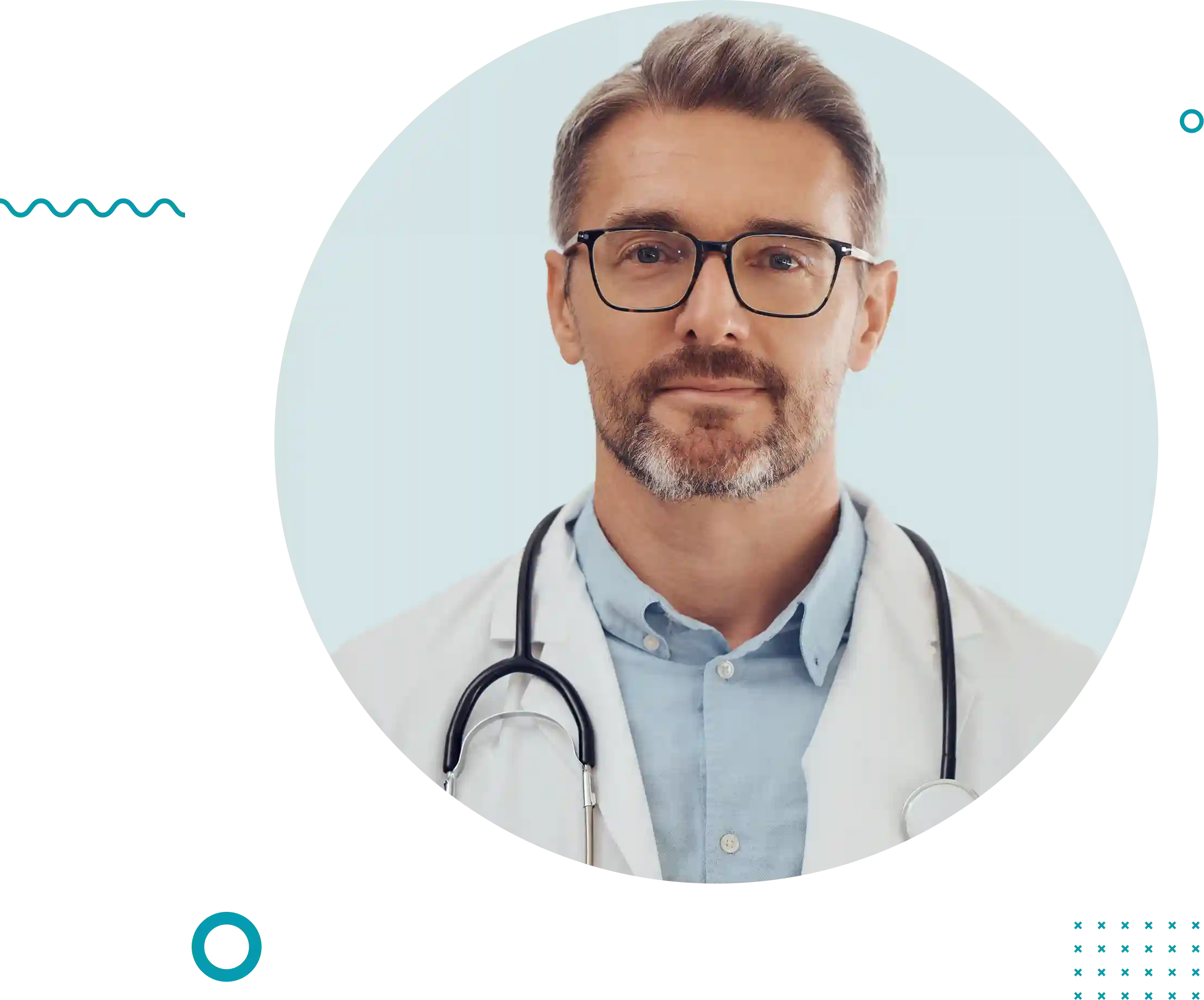 دکتری با موهای خاکستری، عینک زده و کت سفید آزمایشگاهی به همراه کراوات بسته است، دست‌هایش را روی هم گذاشته و حالتی حرفه‌ای و اعتماد به نفس را منتشر می‌کند. | A doctor with gray hair, wearing glasses and a white lab coat with a tie, has his hands folded and exudes a professional and confident demeanor.